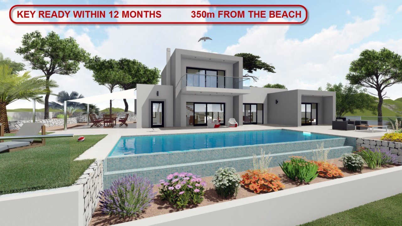 Newly built villa at 350m from the beach for sale in Benissa, the property is south facing and has a sea view. On the ground floor there is a spacious